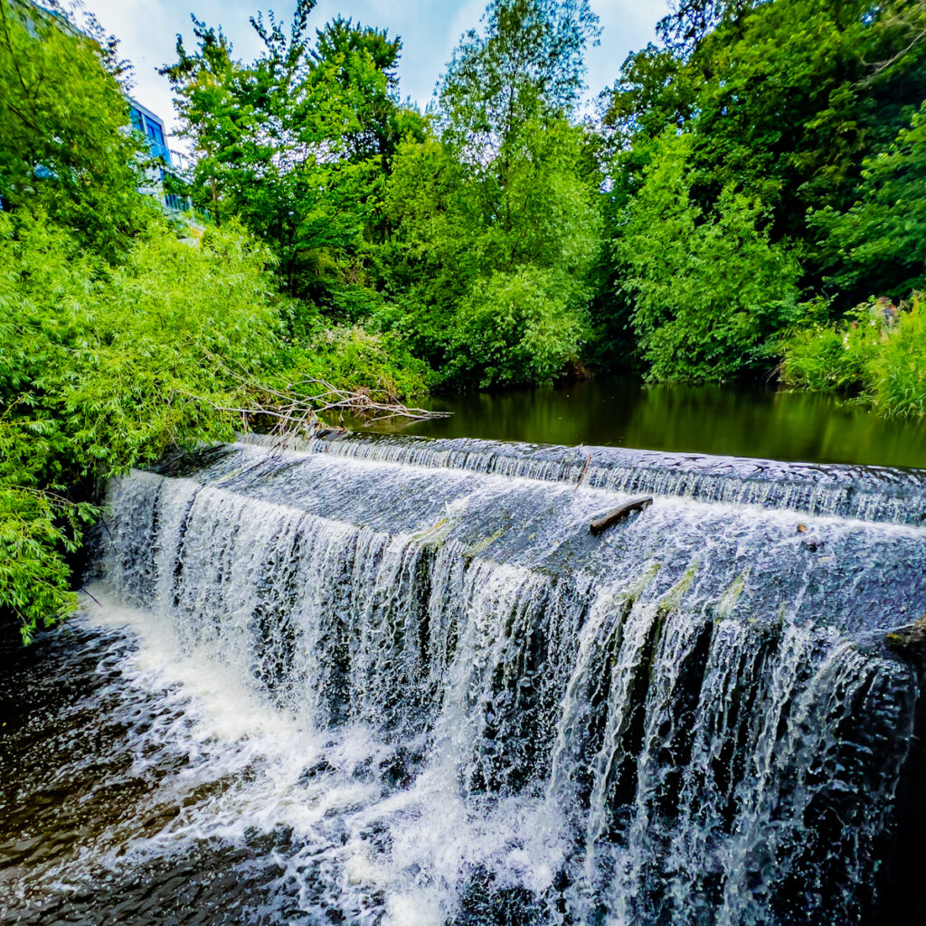 A view overhead of a weir in the foreground, with water crashing down. Before the water falls over the edge, it’s still and calm. In the background, luscious trees line the water’s edge, with blue sky peeking in between the leaves.